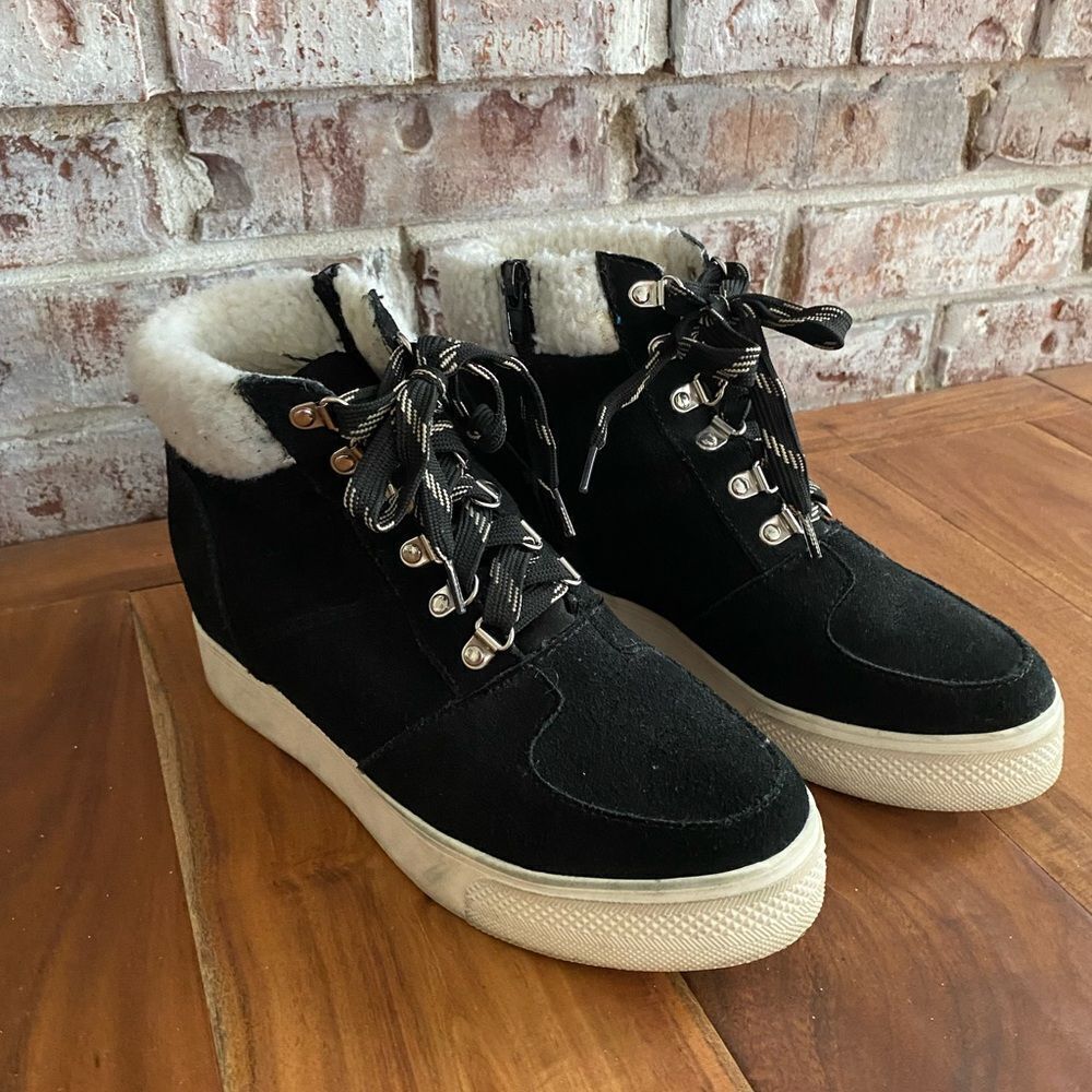 Steve Madden Black Suede High-Top Platform Sneakers with Fur Lining